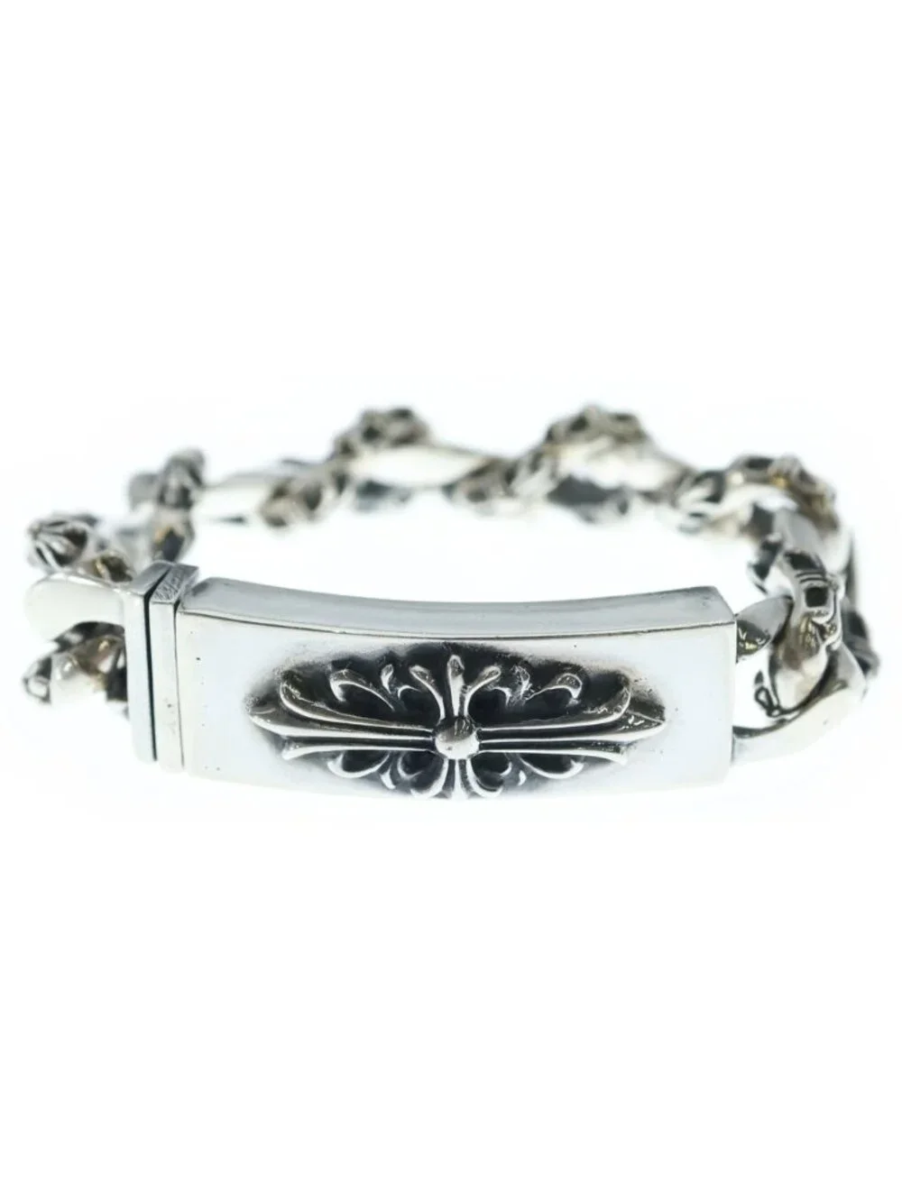 Chrome Hearts ID Floral Crs Cross ID Fancy Link Bracelet Silver